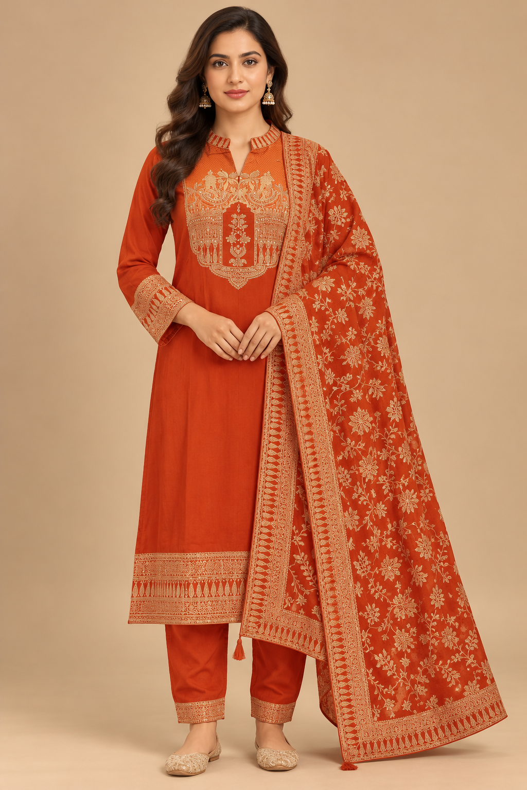Rust Orange Embroidered Straight-Cut Salwar Suit Set with Printed Dupatta