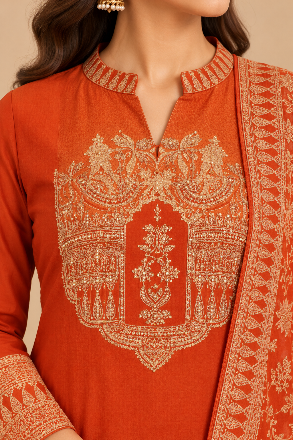 Rust Orange Embroidered Straight-Cut Salwar Suit Set with Printed Dupatta