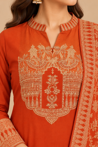 Rust Orange Embroidered Straight-Cut Salwar Suit Set with Printed Dupatta