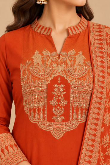 Rust Orange Embroidered Straight-Cut Salwar Suit Set with Printed Dupatta