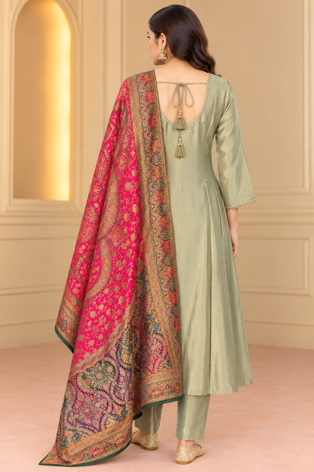 Sage Green Embroidered Kurta Set with Printed Dupatta