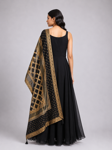 Black Anarkali Gown with Gold Printed Dupatta