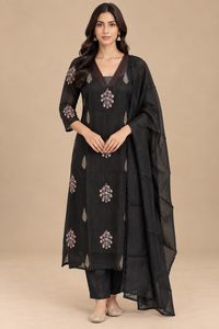 Black Floral Embroidered Kurta Set with Dupatta