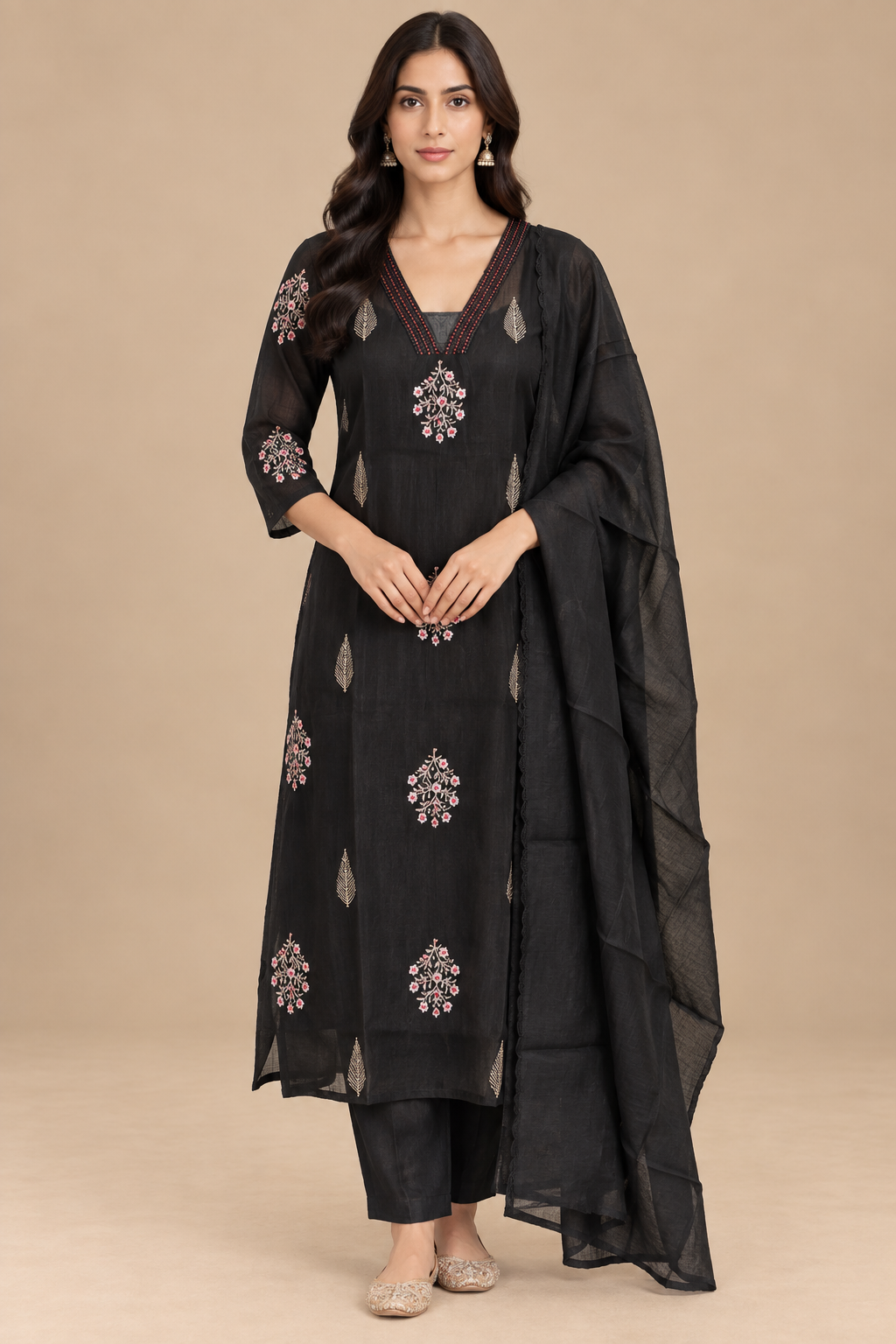 Black Floral Embroidered Kurta Set with Dupatta