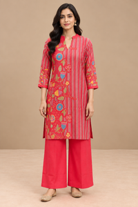 Red Floral Printed Straight Kurta Palazzo Set