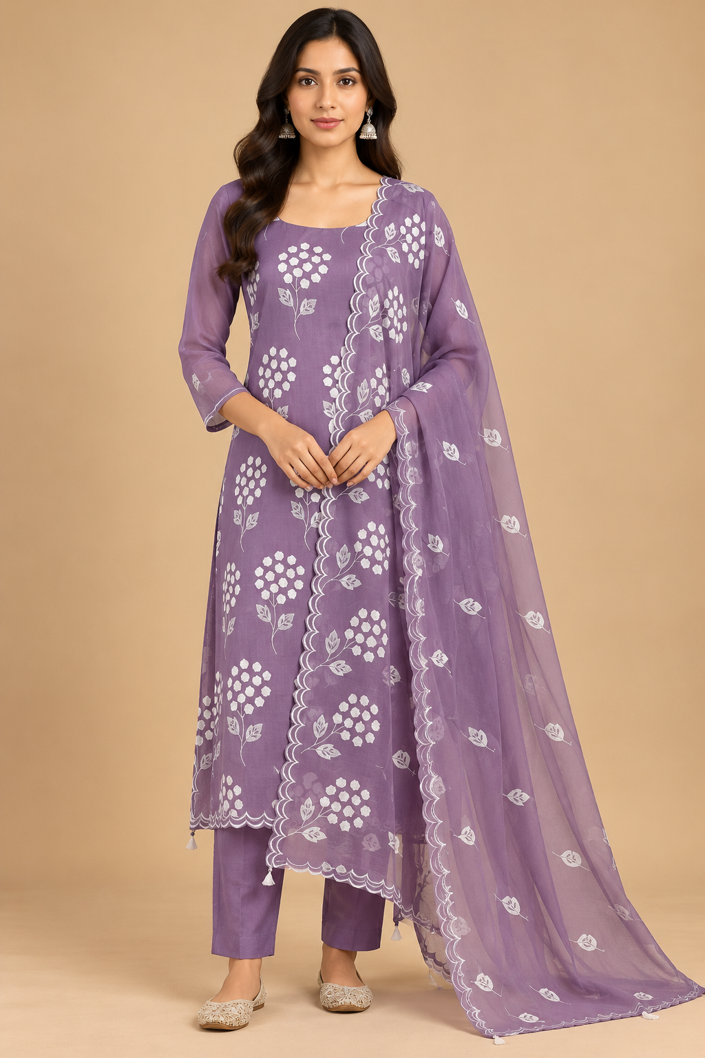 Lavender Floral Printed Straight-Cut Suit Set with Matching Dupatta