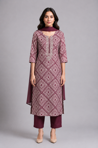 Mauve Printed Straight Kurta Pant Set with Dupatta