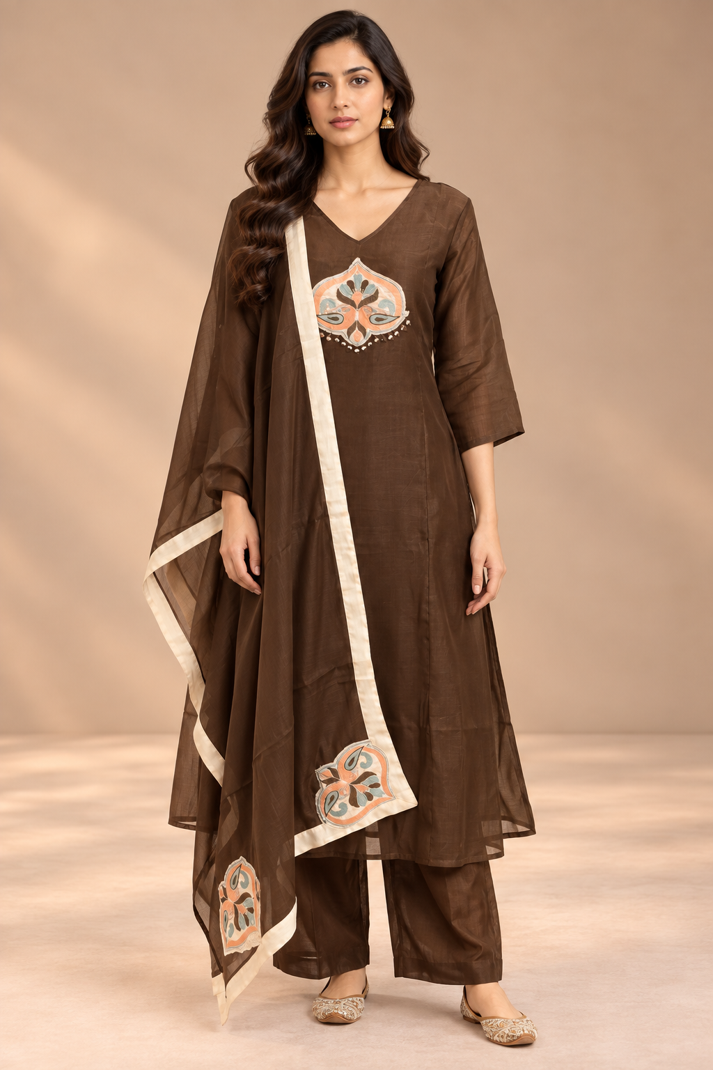 Chocolate Brown Muslin Silk Straight Cut Suit Set