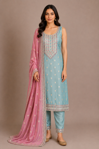 Powder Blue Silk Embroidered Straight-Cut Suit Set