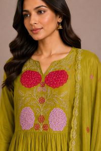 Mehendi Green Silk Embroidered Straight-Cut Suit Set