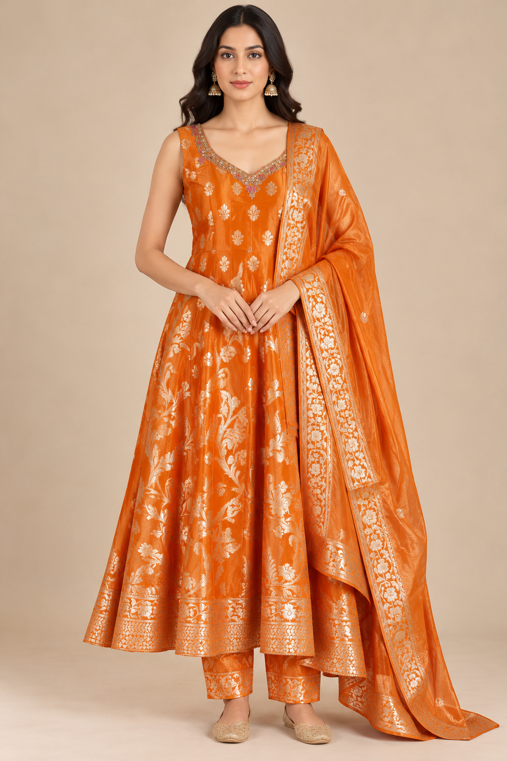 Orange Floral Embroidered Anarkali Suit Set with Dupatta
