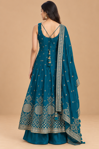 Teal Blue Silk Embroidered Anarkali Suit Set