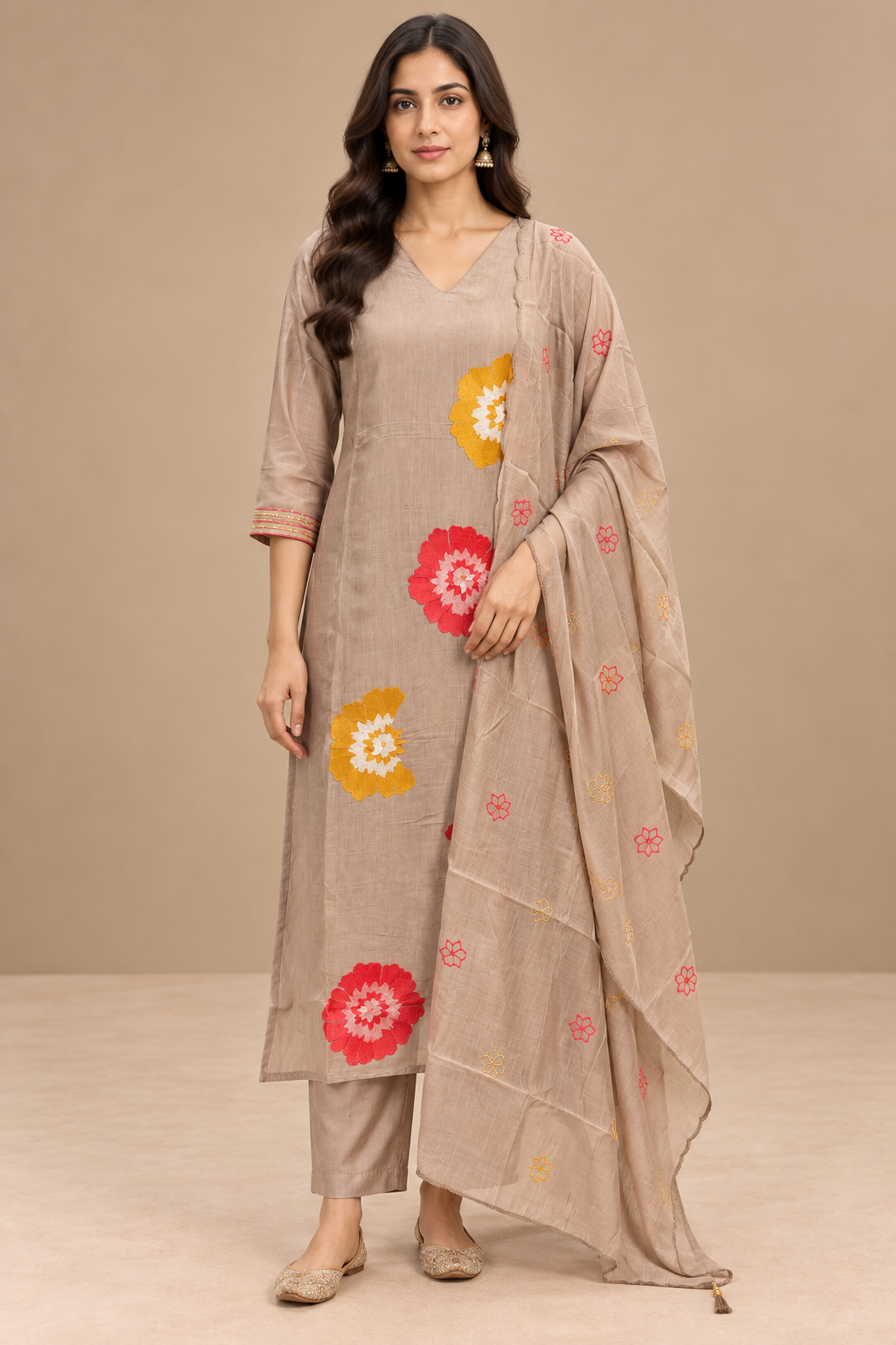 Peach Embroidered Anarkali Palazzo Suit Set with Dupatta