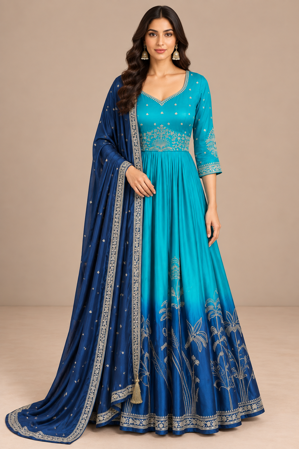 Turquoise Blue Silk Anarkali Set