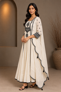 Ivory Mul Chanderi Embroidered Anarkali Set