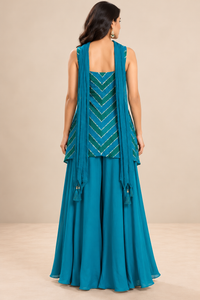 Teal Blue Embroidered Peplum Top with Palazzo Pants Set