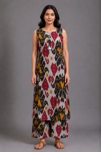 Multicolor Ikat Print Kurta Palazzo Set with Mirror Work