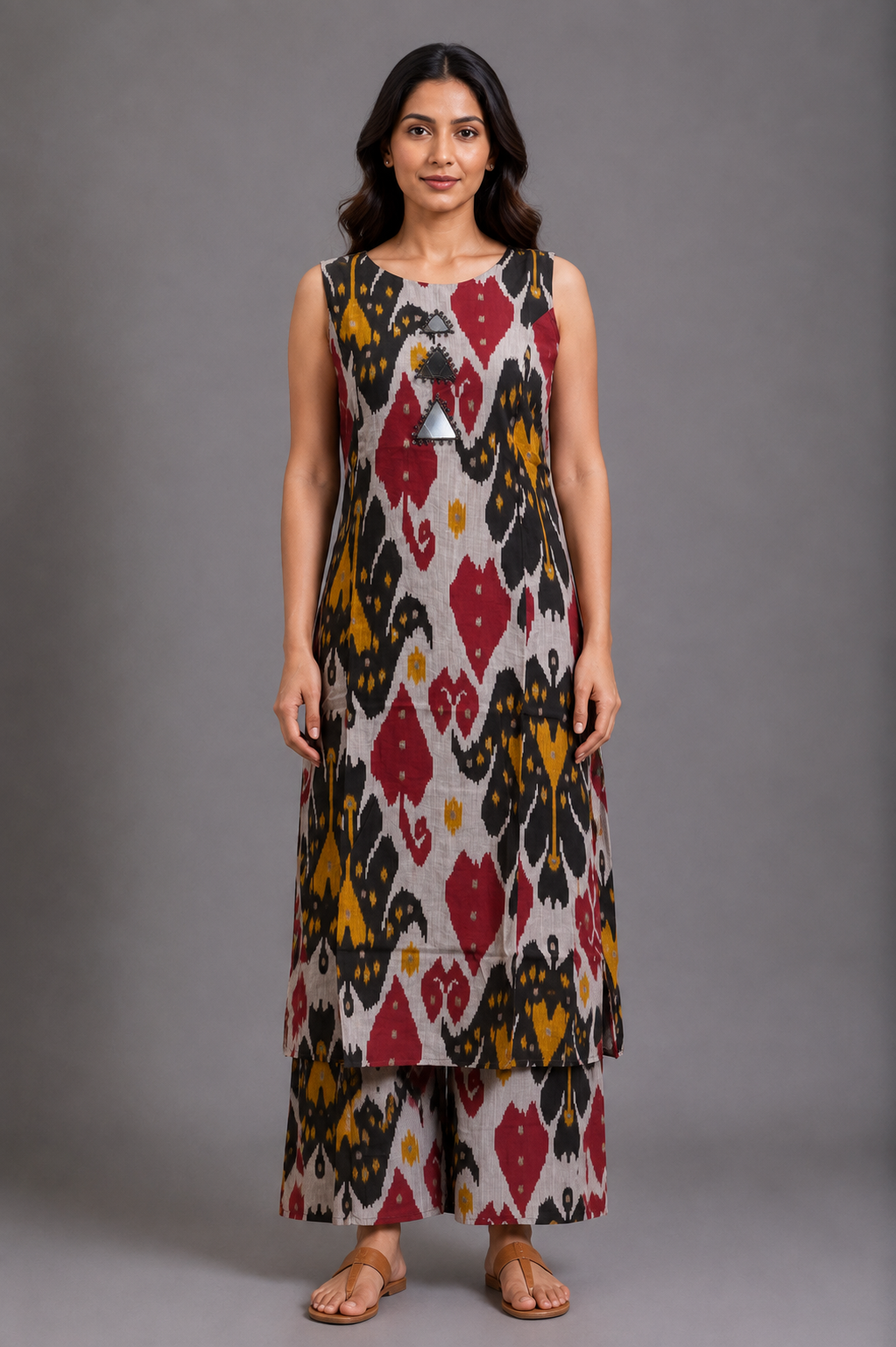 Multicolor Ikat Print Kurta Palazzo Set with Mirror Work