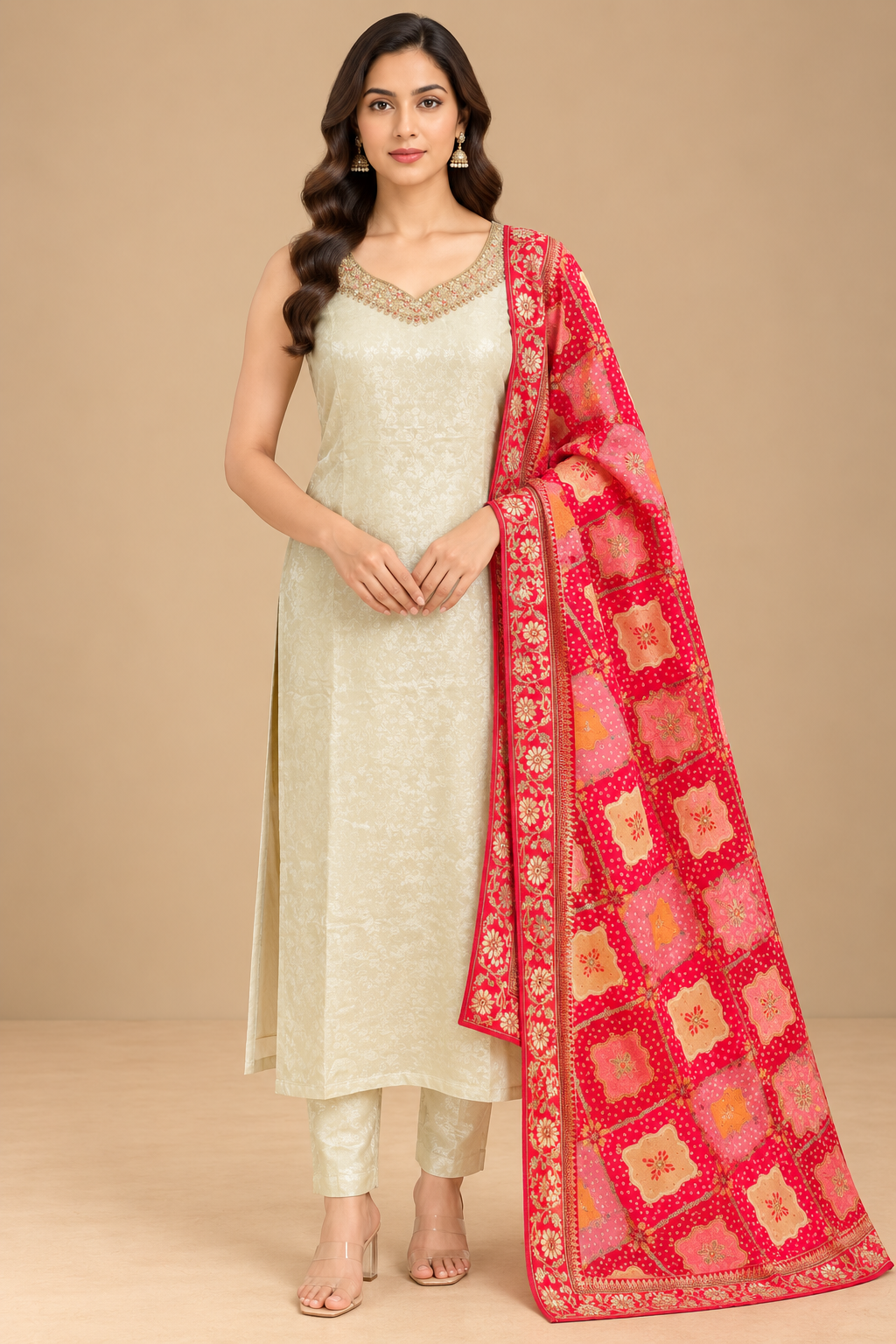 Ivory Embroidered Kurta Set with Red Printed Dupatta