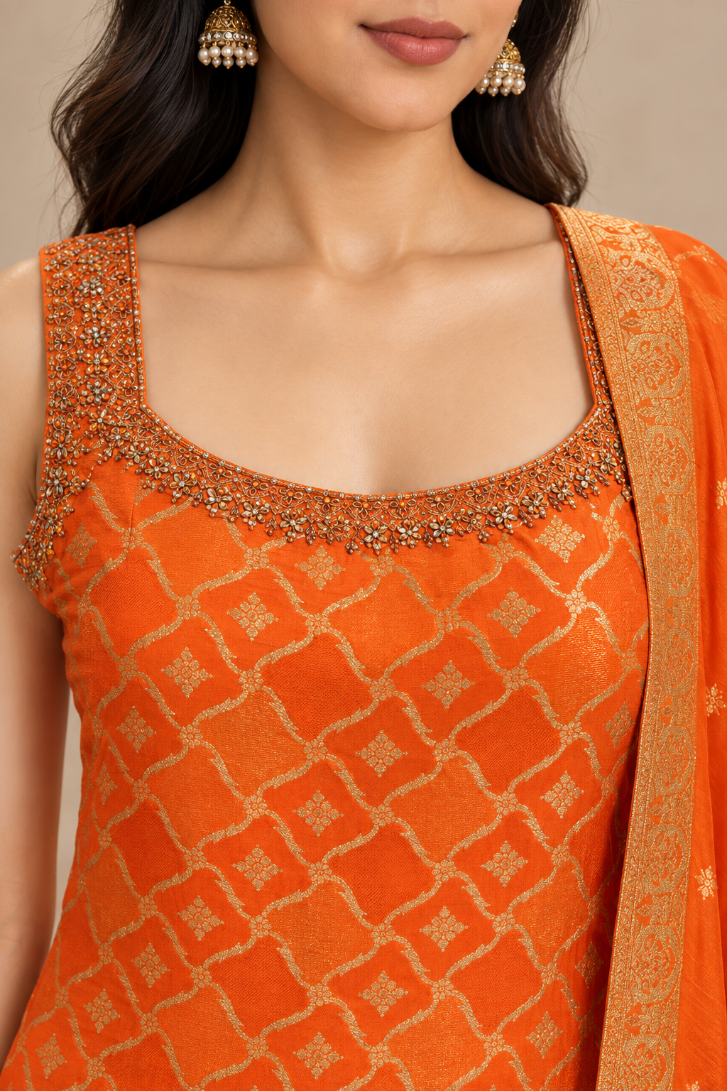 Orange Geometric Embroidered Kurta Set with Dupatta