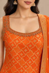 Orange Geometric Embroidered Kurta Set with Dupatta