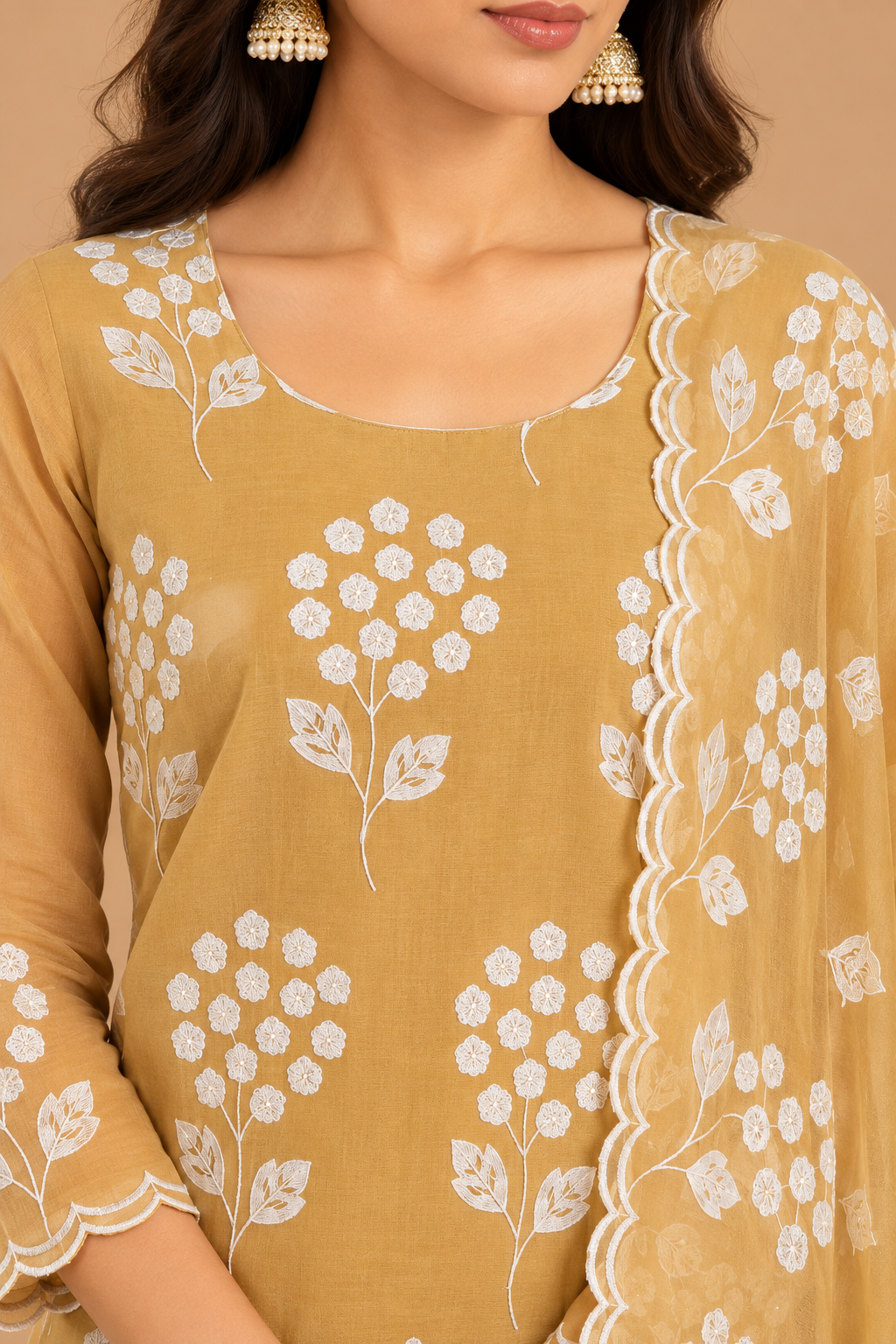 Mustard Yellow Floral Printed Kurta Pant Set with Scalloped Dupatta