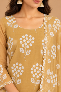 Mustard Yellow Floral Printed Kurta Pant Set with Scalloped Dupatta