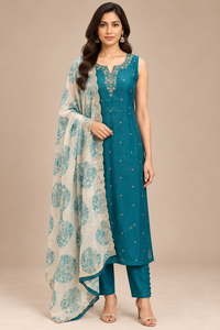 Teal Blue Embroidered Straight Kurta Pant Set with Printed Dupatta