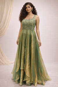 Olive Green Embroidered Tissue Gown with Metallic Finish