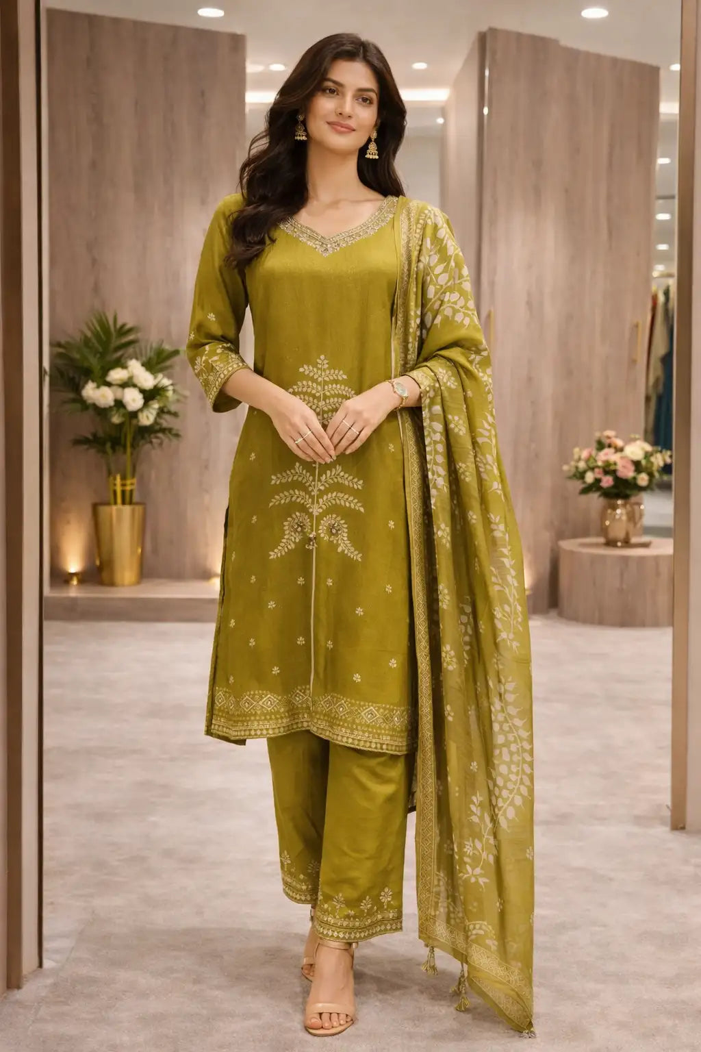 Olive Green Embroidered Kurta Set with Dupatta