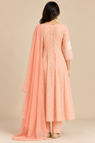 Peach Embroidered Anarkali Kurta Pant Set with Dupatta