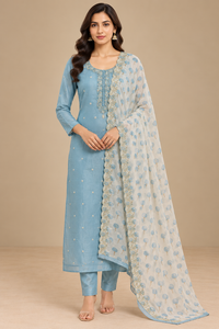 Sky Blue Embroidered Kurta Set with Printed Dupatta