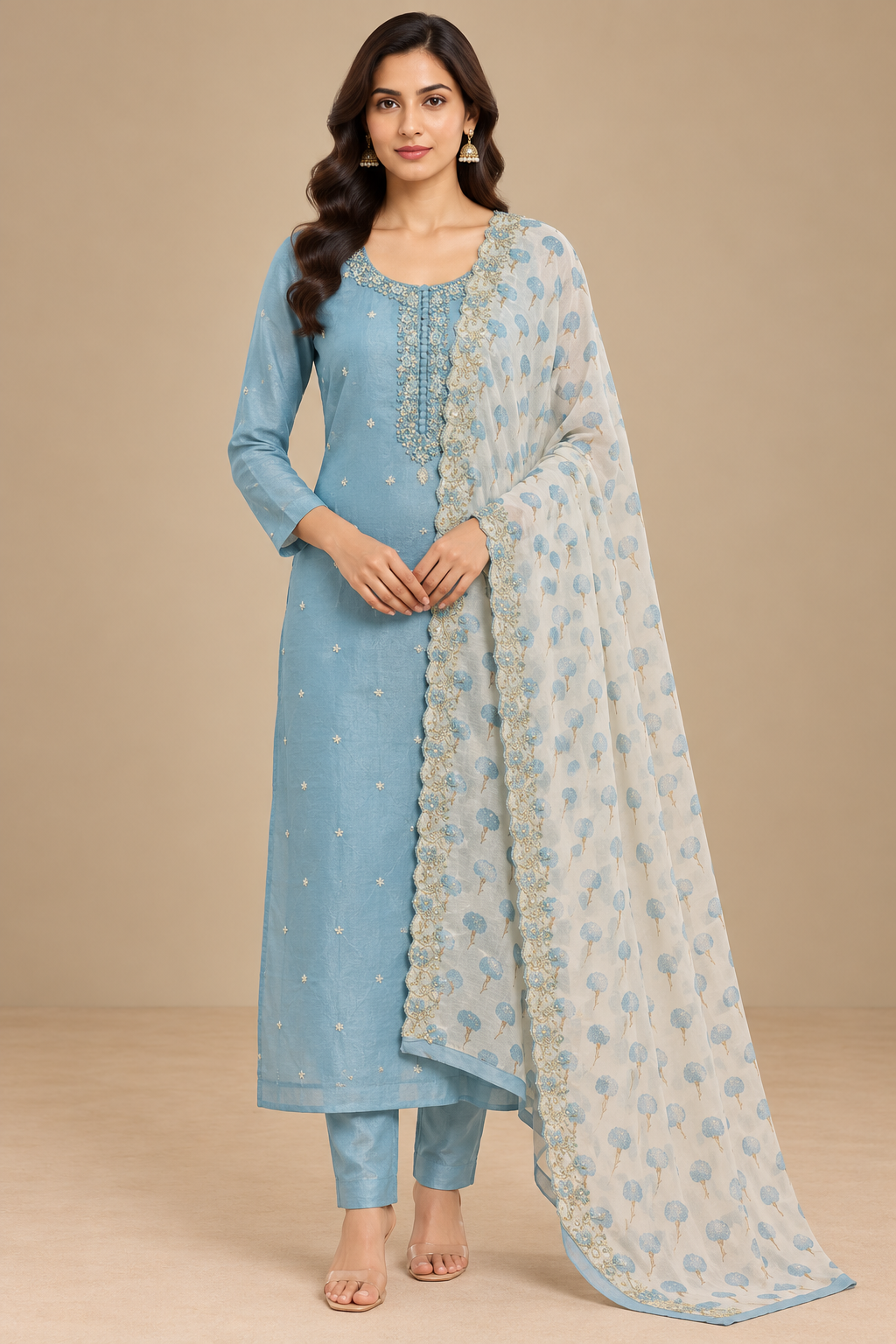 Sky Blue Embroidered Kurta Set with Printed Dupatta