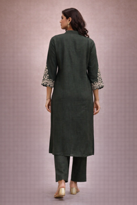 Women's Bottle Green Embroidered Slub Cotton Kurta Pant Set