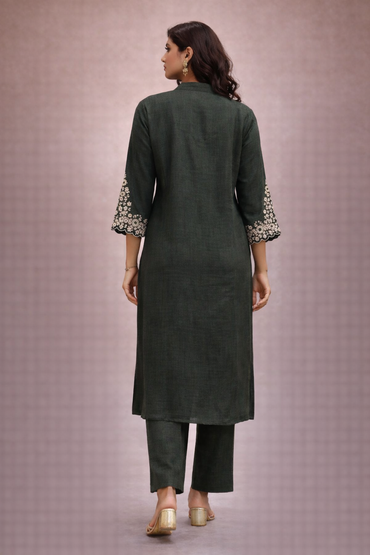 Women's Bottle Green Embroidered Slub Cotton Kurta Pant Set