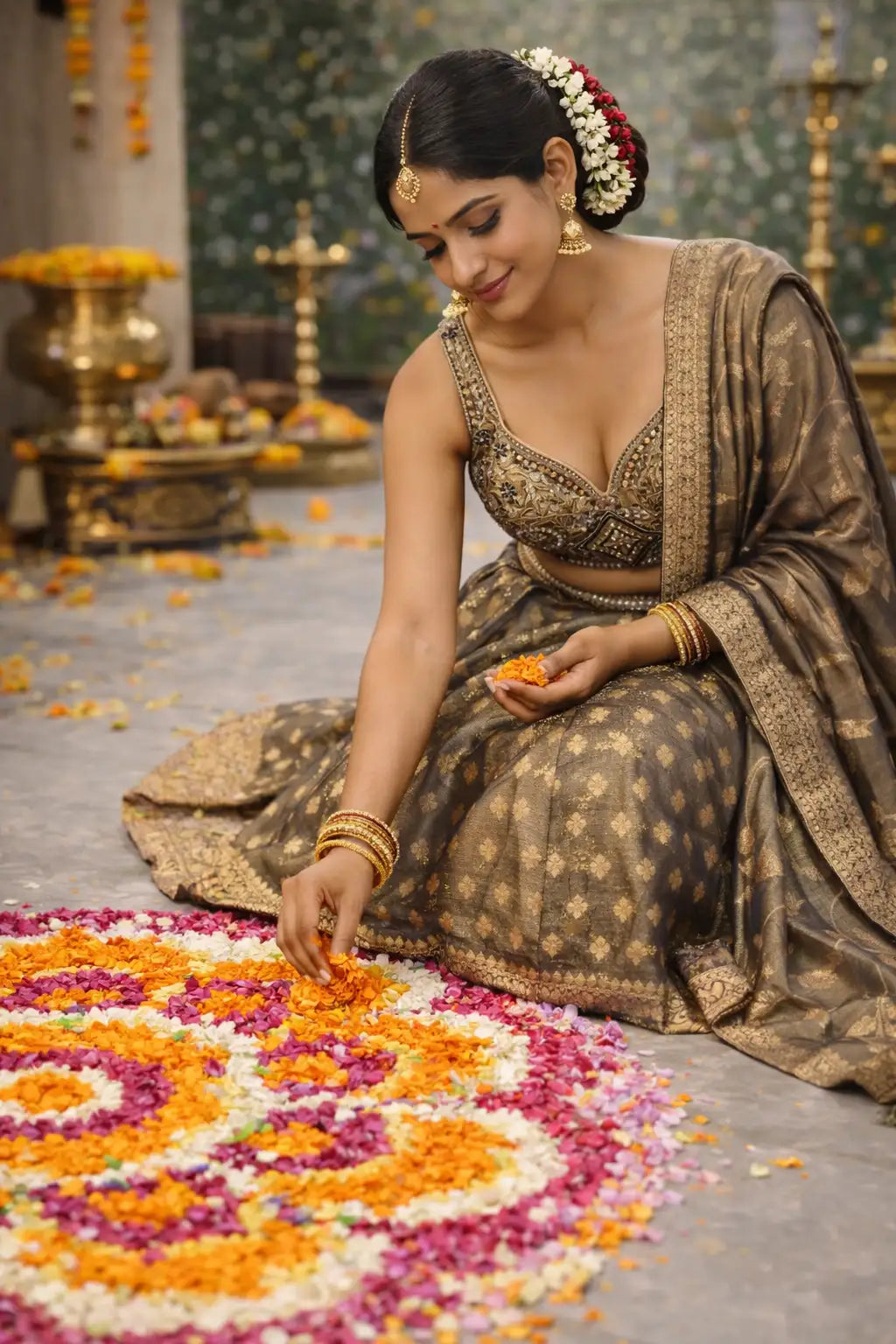 Golden Kanjeevaram Silk Bridal Lehenga Set with Embroidered Blouse