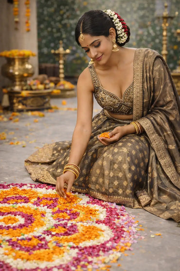 Golden Kanjeevaram Silk Bridal Lehenga Set with Embroidered Blouse