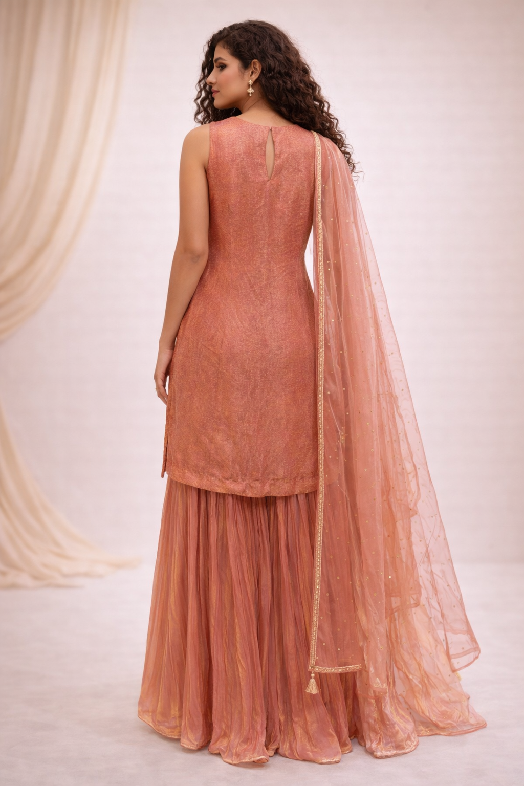 Peach Georgette Embroidered Kurta Sharara Set with Net Dupatta for Women