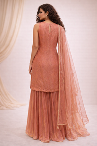 Peach Georgette Embroidered Kurta Sharara Set with Net Dupatta for Women