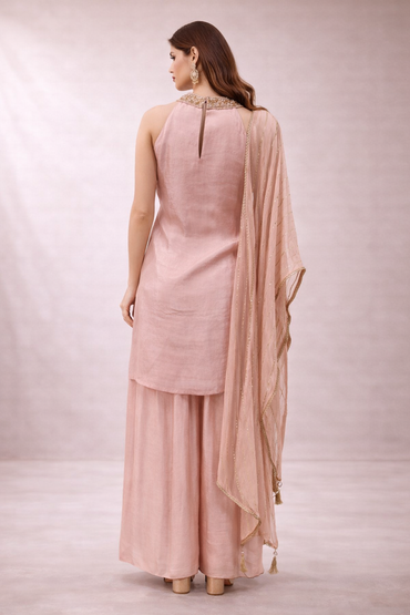 Blush Pink Embroidered Silk Kurta Palazzo Set with Dupatta for Women