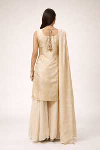 Ivory Gold Brocade Silk Embroidered Kurta Sharara Set with Organza Dupatta