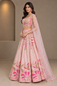Blush Pink Net Embroidered Lehenga Set
