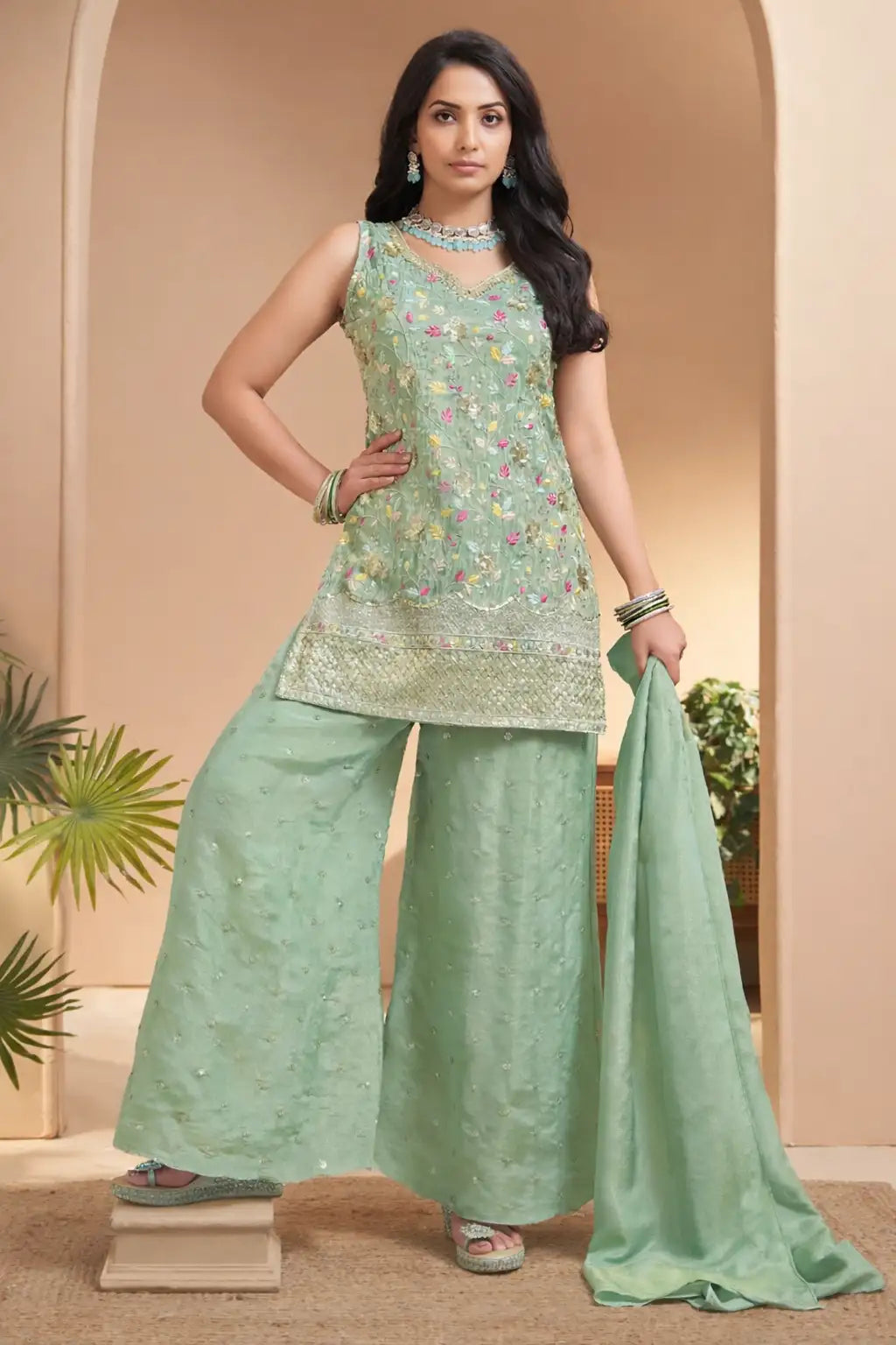Mint Green Embroidered Silk Kurta Palazzo Set with Dupatta