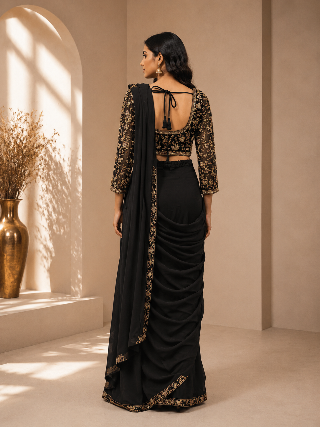 Premium Silk Pre-Draped Saree with Embroidered Blouse & Waist Belt – Classic Black