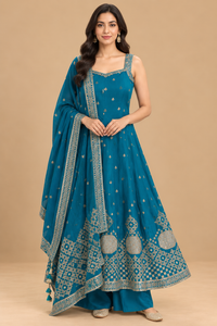 Teal Blue Silk Embroidered Anarkali Suit Set