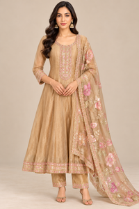 Champagne Beige Embroidered Kurta Pant Set with Pink Floral Dupatta