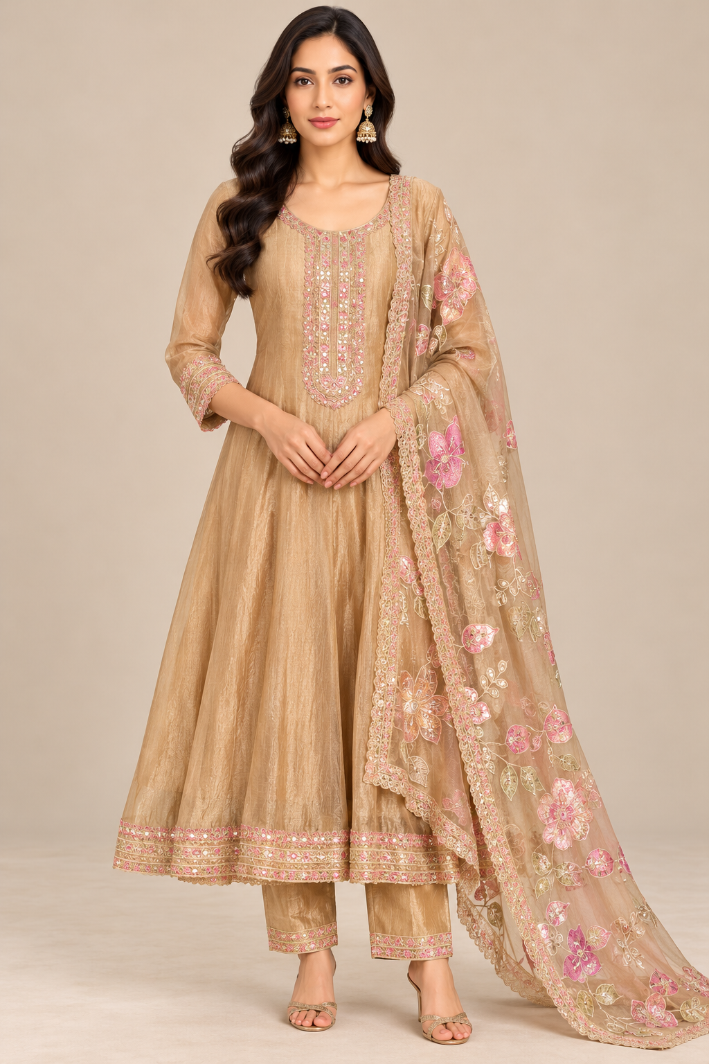 Champagne Beige Embroidered Kurta Pant Set with Pink Floral Dupatta