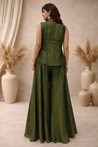 Emerald Green Embroidered Tissue Co-ord Set with Cape Jacket
