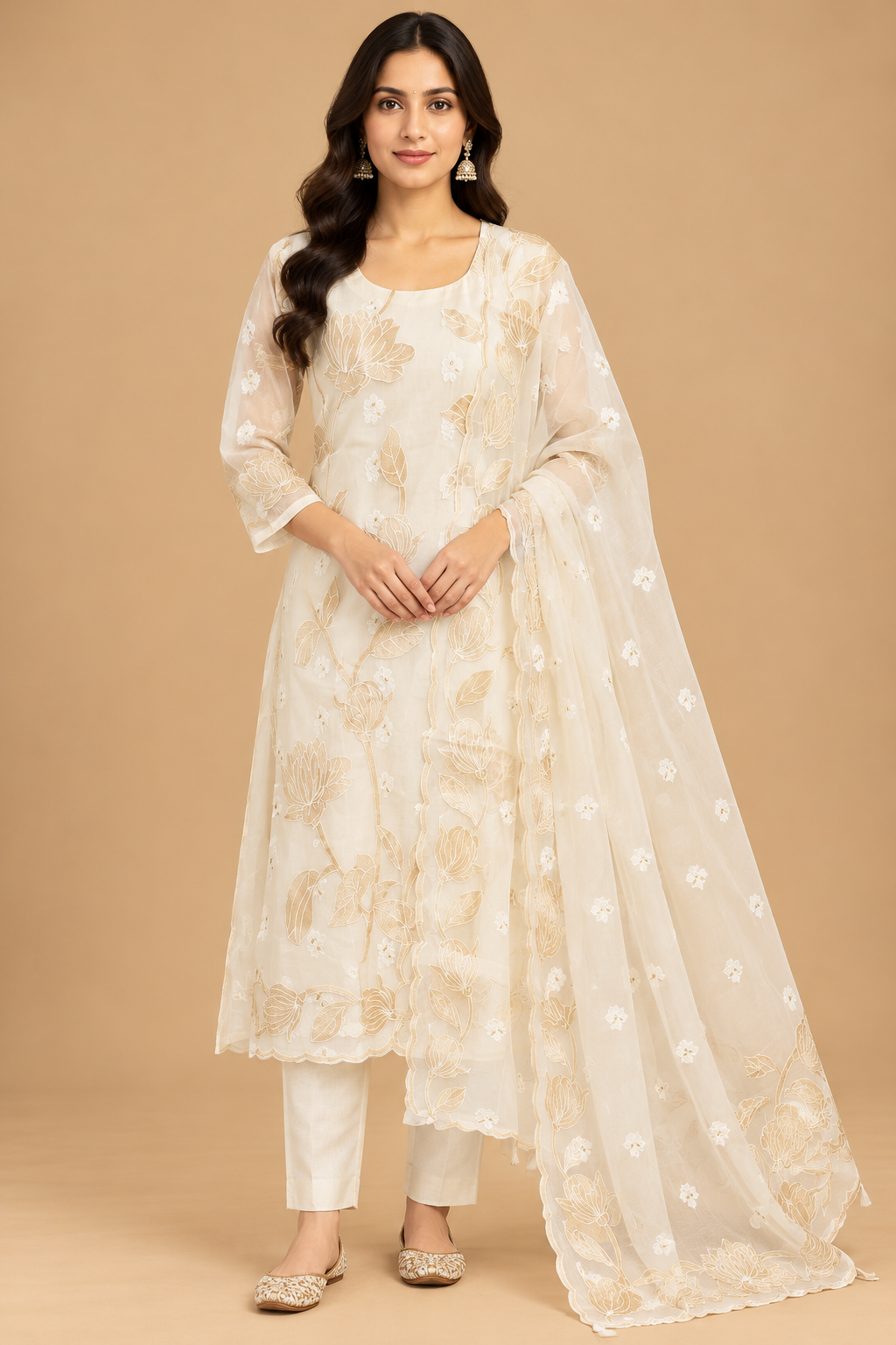 Ivory Floral Embroidered Straight-Cut Suit Set with Dupatta