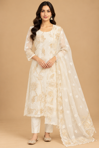 Ivory Floral Embroidered Straight-Cut Suit Set with Dupatta